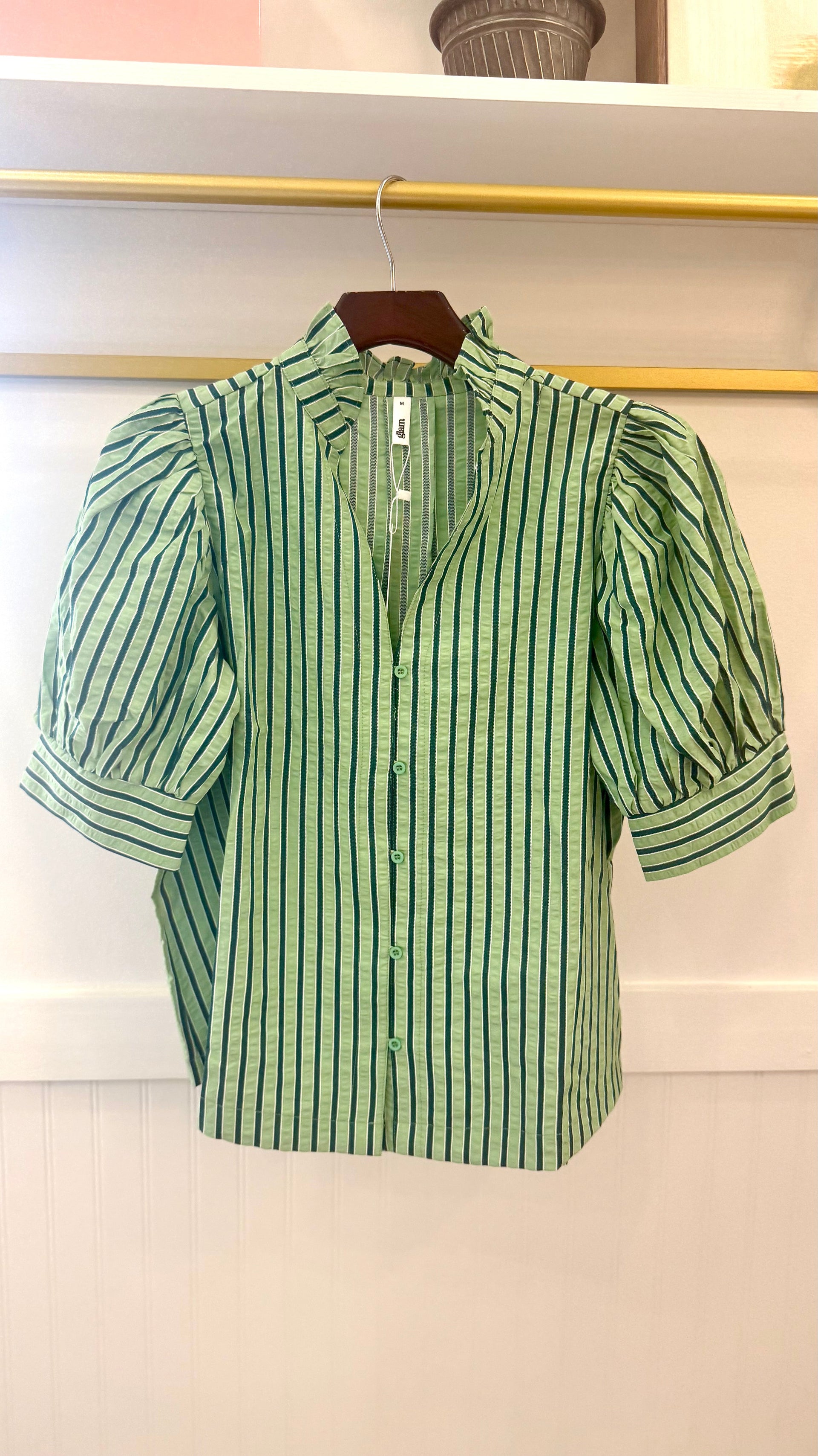 Ruffle V-Neck Puff Sleeve Button Down Shirt Glam