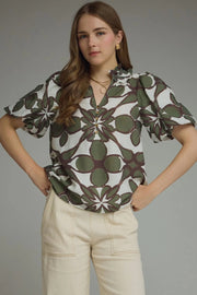 Olive Puff Sleeve Smocked Top Entro
