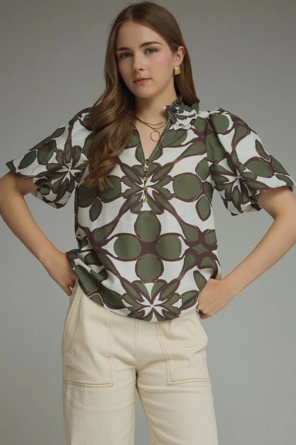 Olive Puff Sleeve Smocked Top Entro