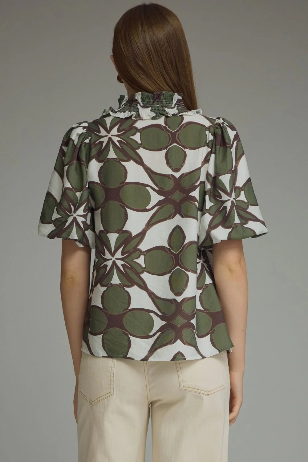 Olive Puff Sleeve Smocked Top Entro