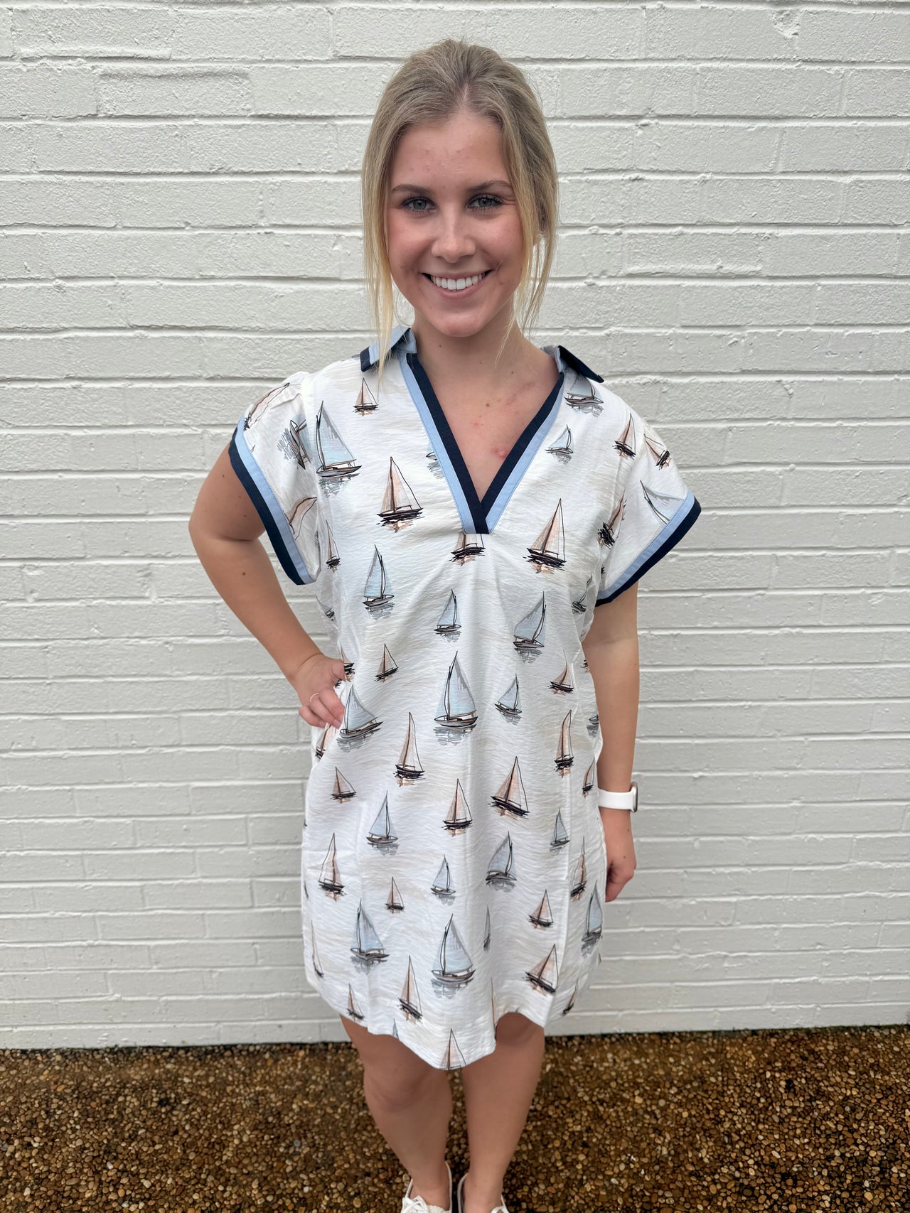 Puff Sleeve Sailboat Pattern Dress