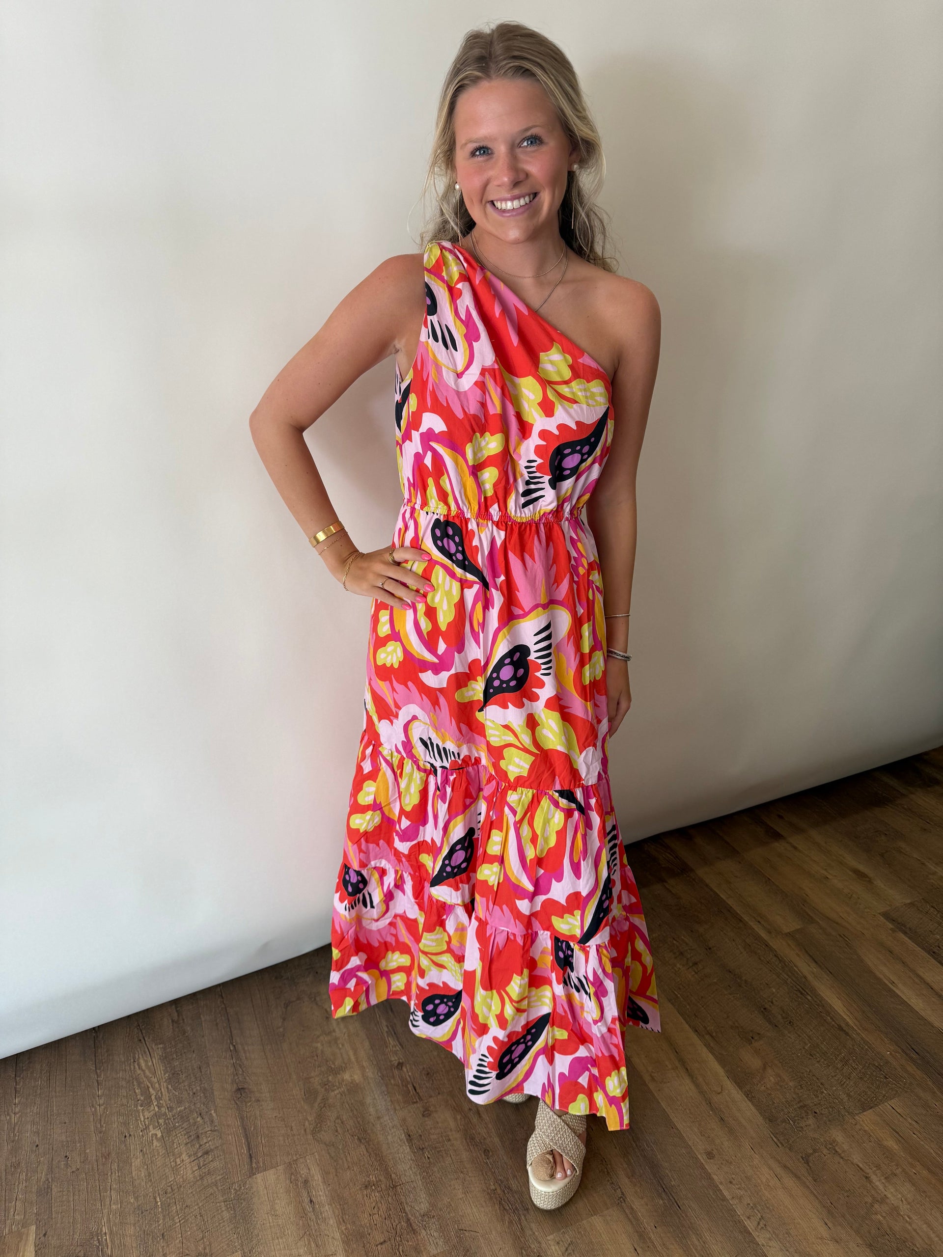 PRINT ONE SHOULDER LONG DRESS English Factory