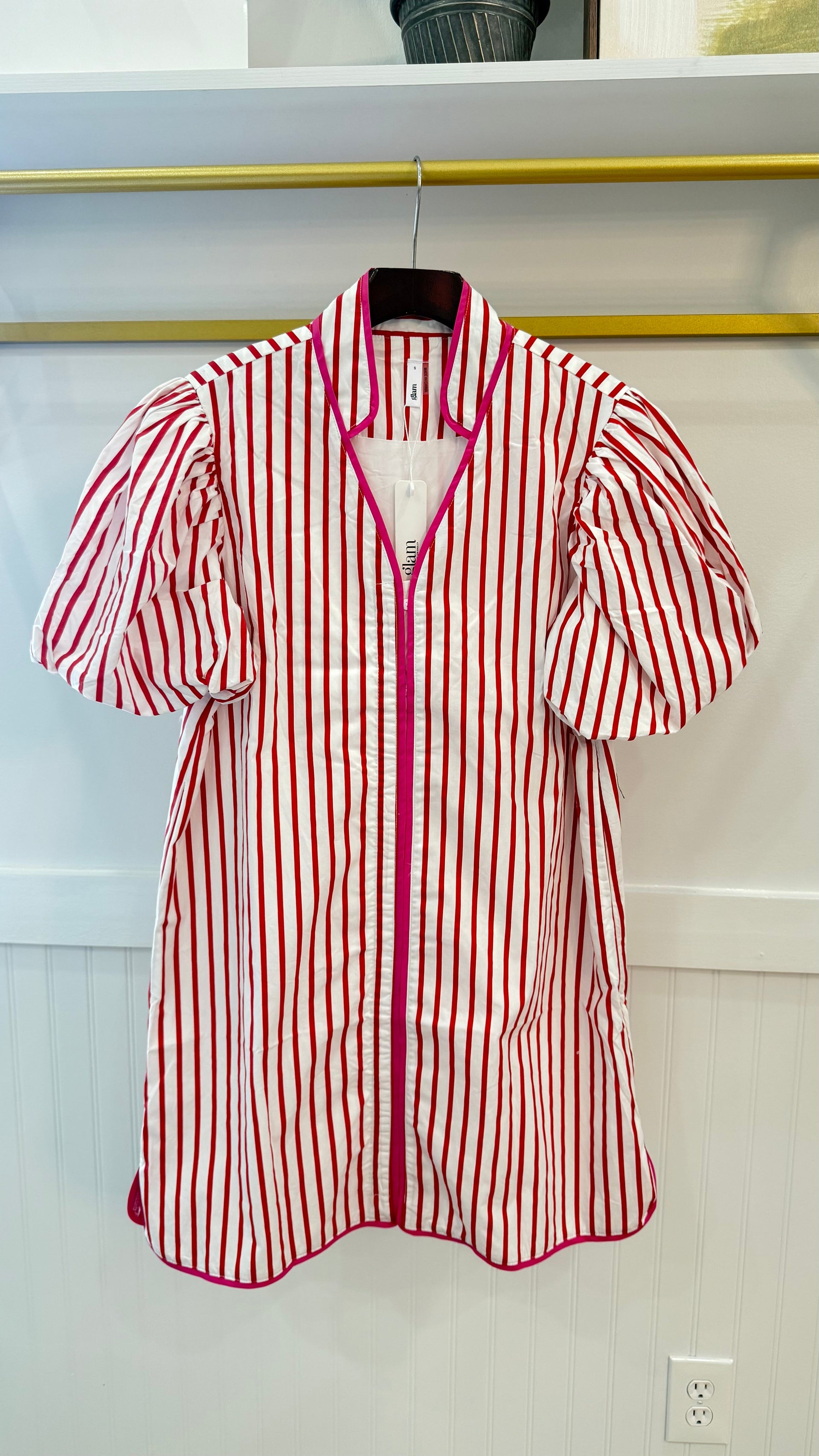 Collar Neck Puff Sleeve Stripe Mini Dress Glam