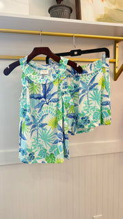 Tropical Print Linen Elastic Ruffle Waistband Shorts Fate