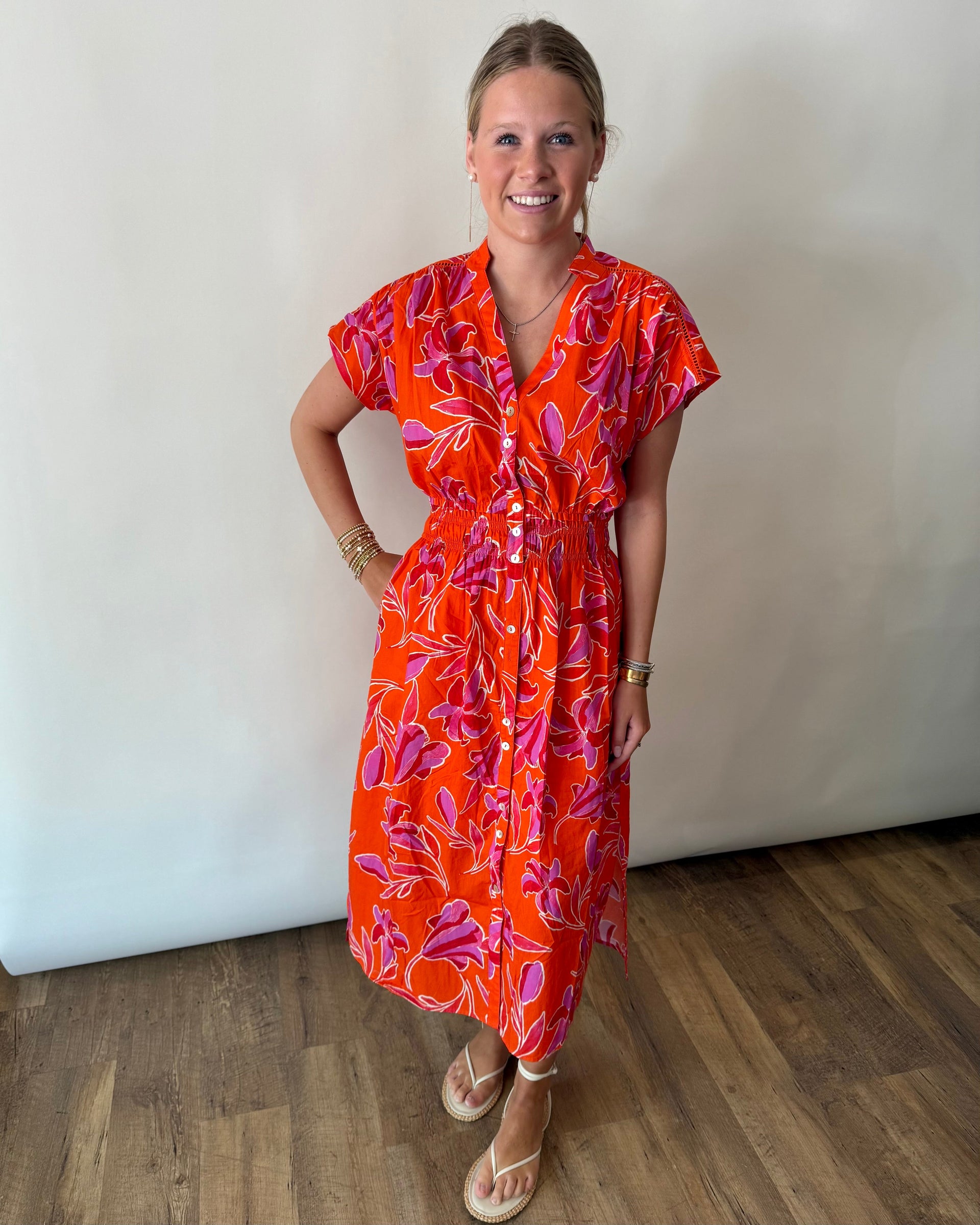 Smocked Waist Floral Dress THML