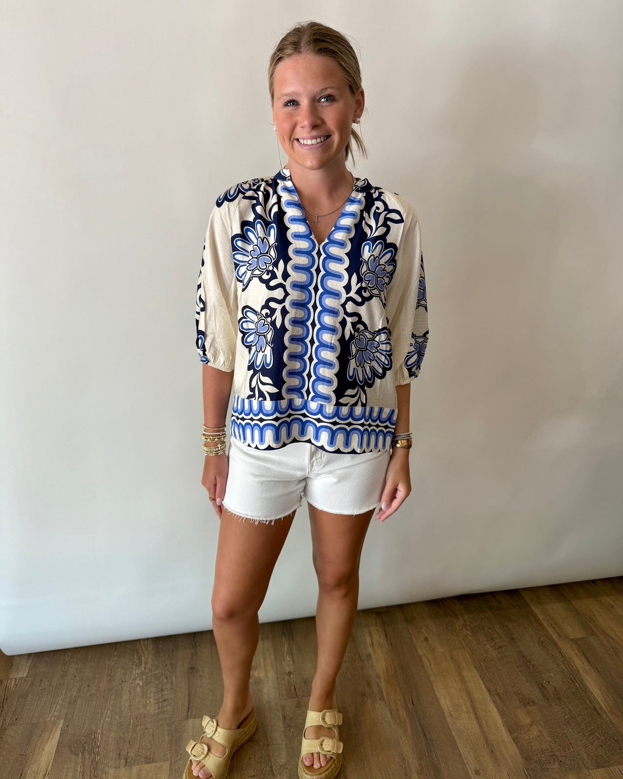 Flower Print Balloon Sleeve Top THML