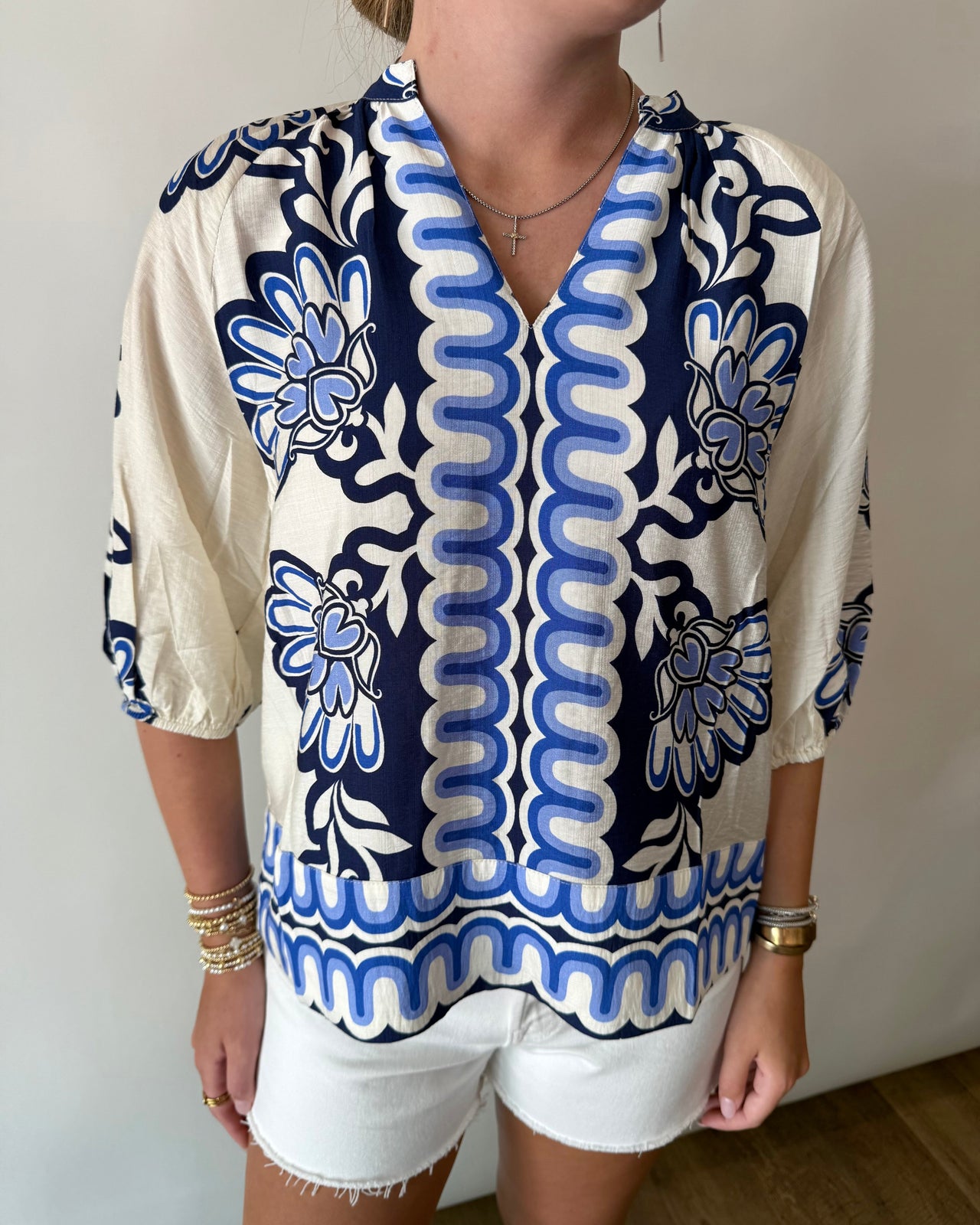 Flower Print Balloon Sleeve Top THML