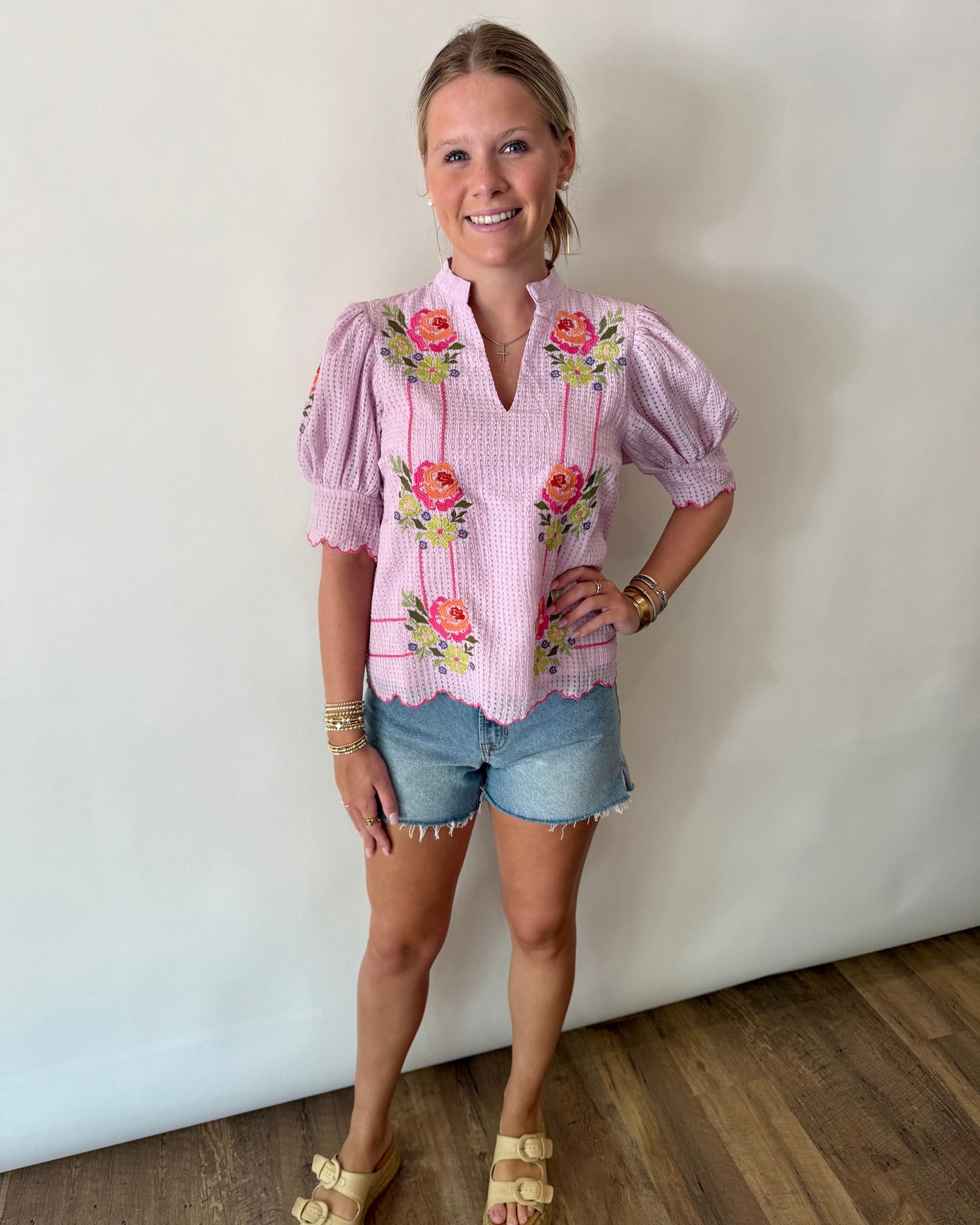 Flower Embroidered Stripe Top THML