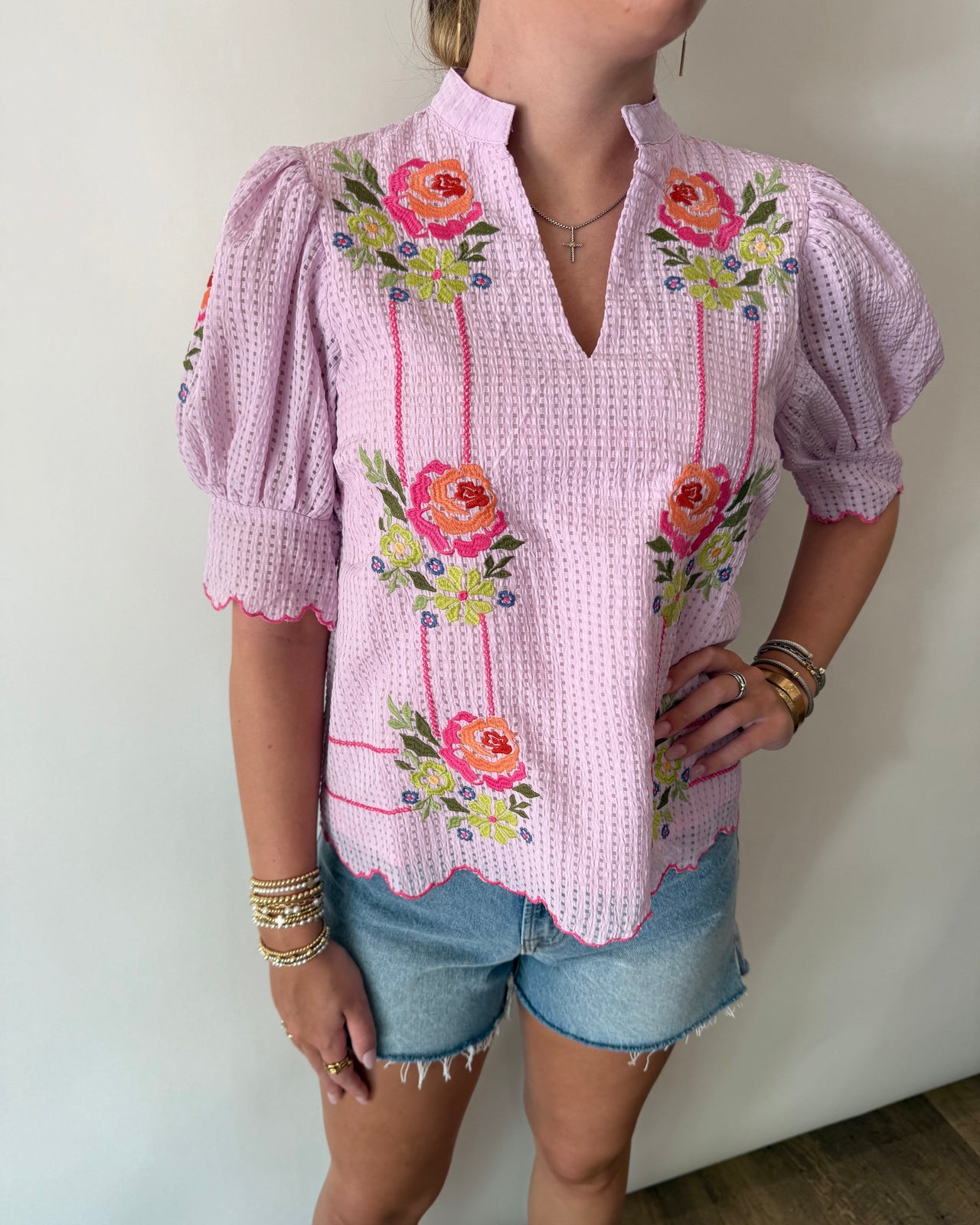 Flower Embroidered Stripe Top THML