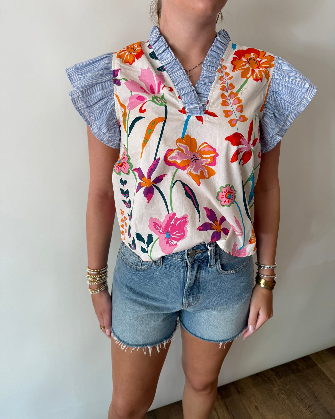 Flutter Sleeve Floral Print Top THML