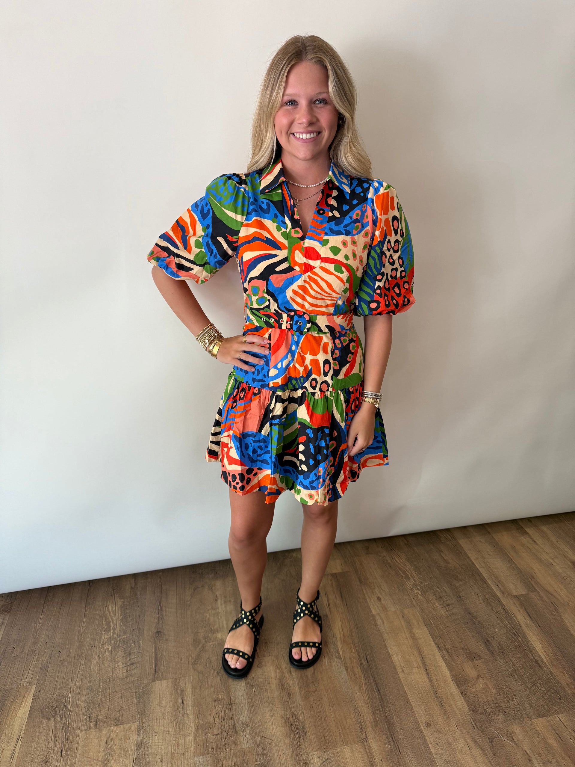PRINTED BUBBLE SLEEVE MINI DRESS Ciebon