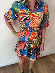 PRINTED BUBBLE SLEEVE MINI DRESS Ciebon