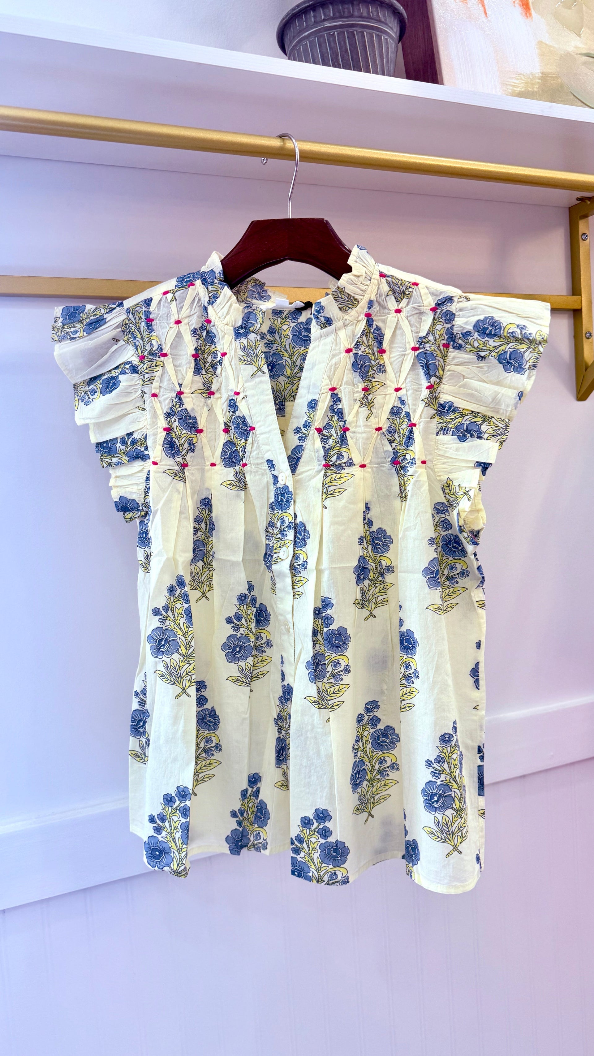 Roxanne Flutter Sleeve Floral Detail Button Up Top THML