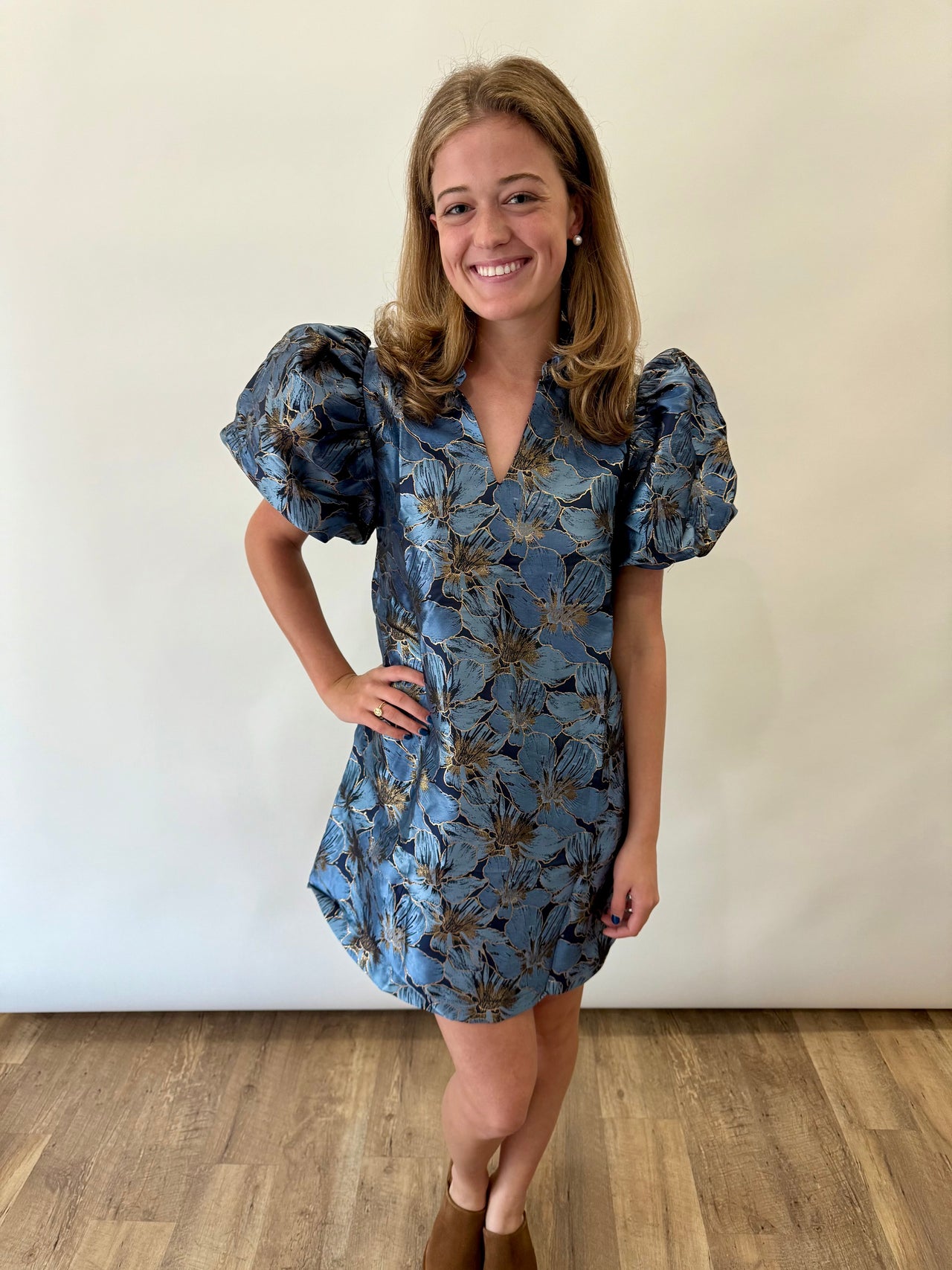 Metallic Puff Sleeve Mini Dress Glam