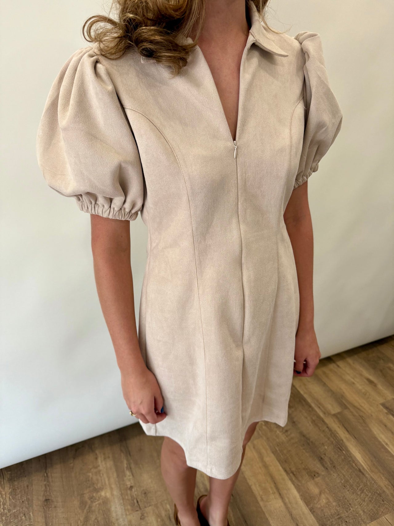 Puff Sleeve Suede Mini Dress THML