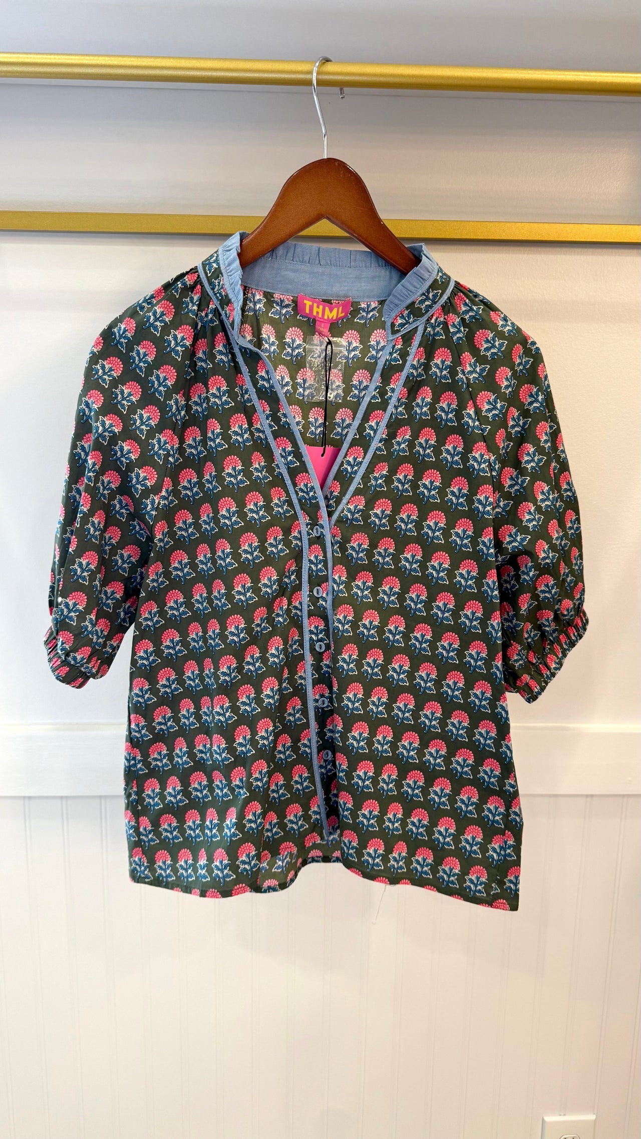 Denim Trim Short Sleeve Printed Top THML