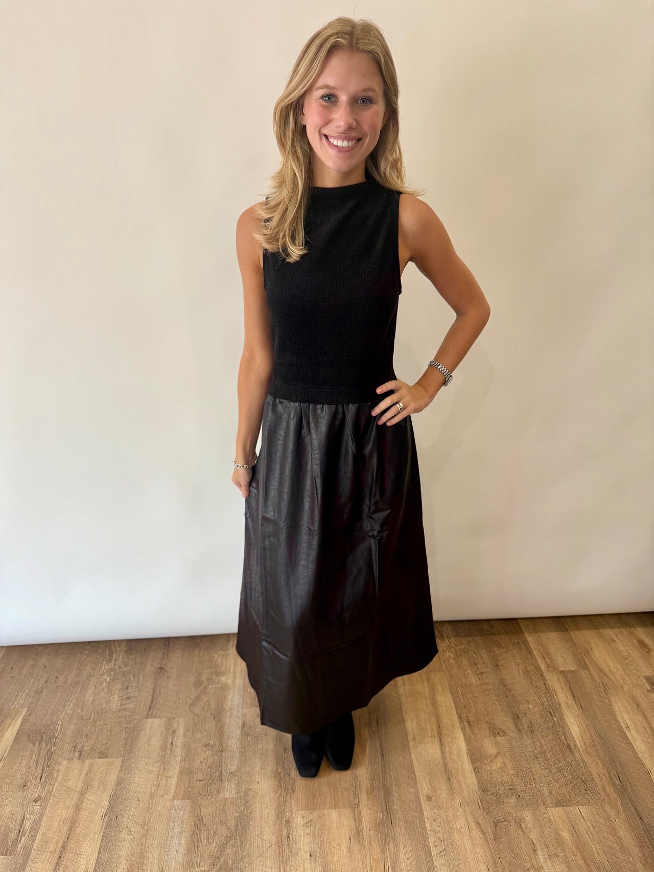 Sleeveless Mixed Media Maxi Dress THML