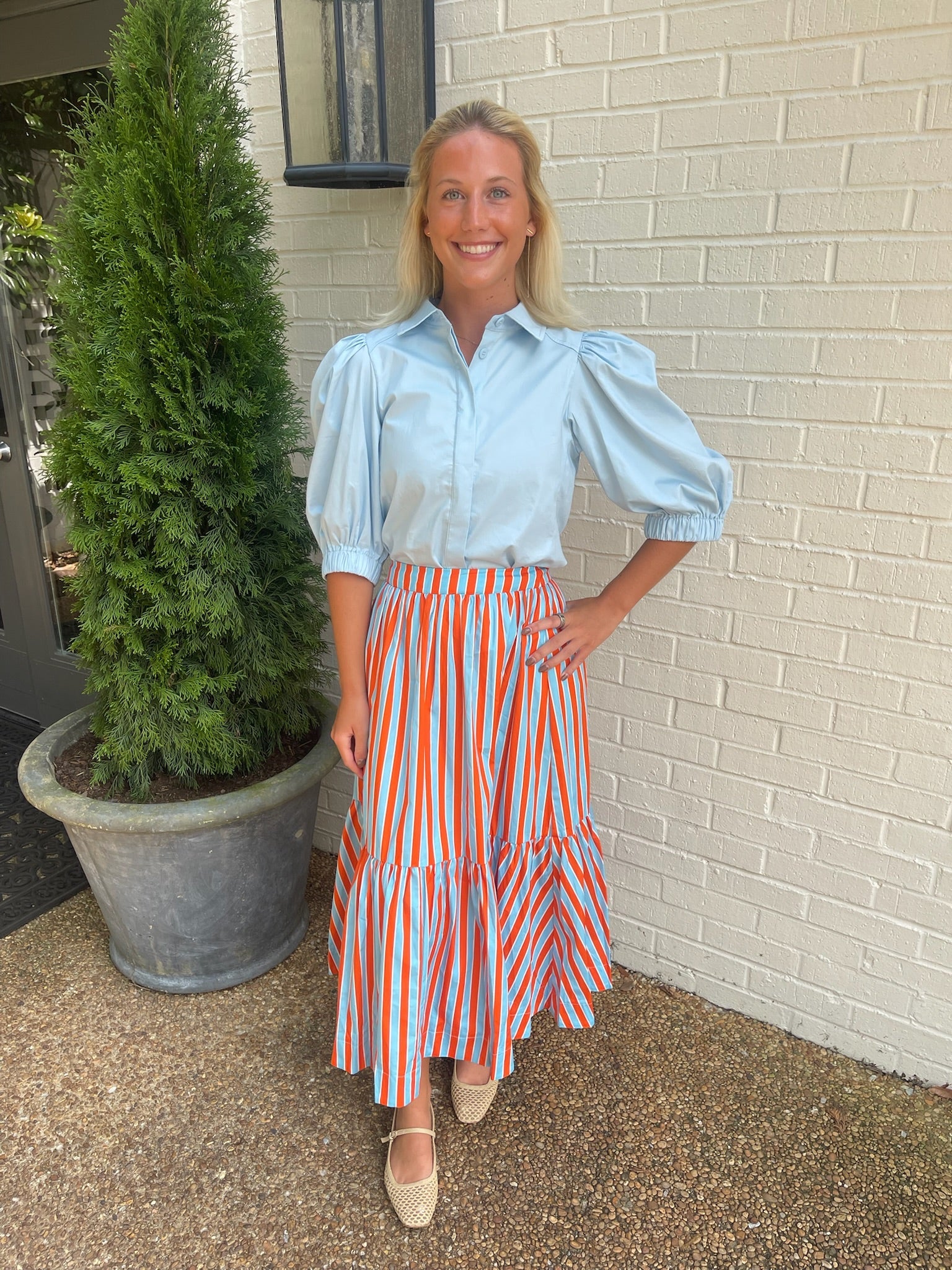 Stripe Tiered Midi Skirt Pinch