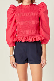Smocking Detail Puff Sleeve Poplin Blouse English Factory