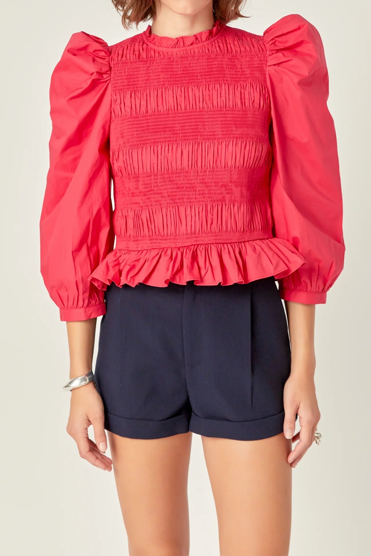 Smocking Detail Puff Sleeve Poplin Blouse English Factory