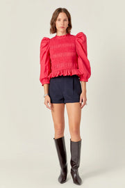 Smocking Detail Puff Sleeve Poplin Blouse English Factory
