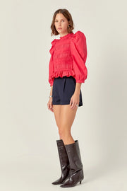 Smocking Detail Puff Sleeve Poplin Blouse English Factory
