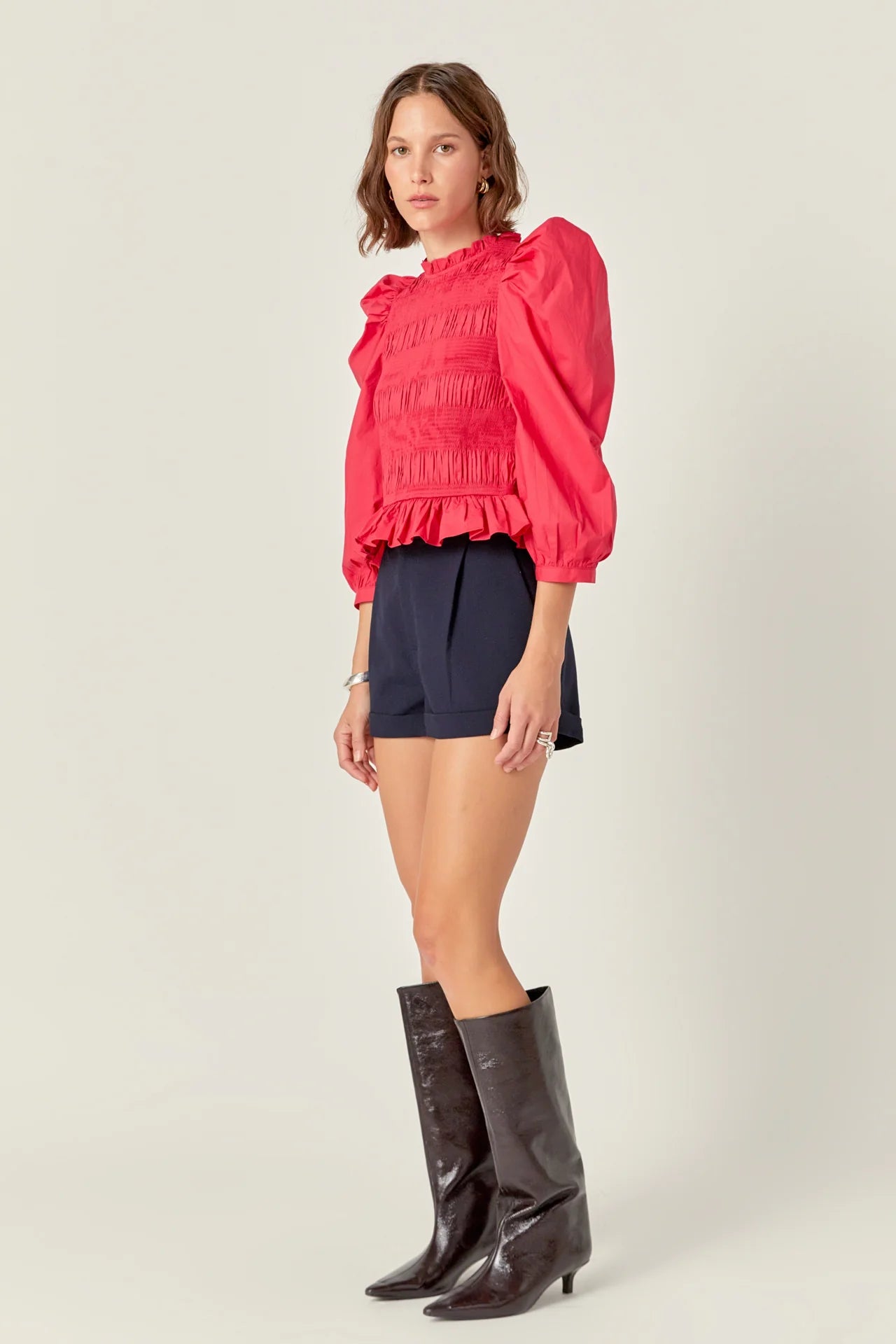 Smocking Detail Puff Sleeve Poplin Blouse English Factory