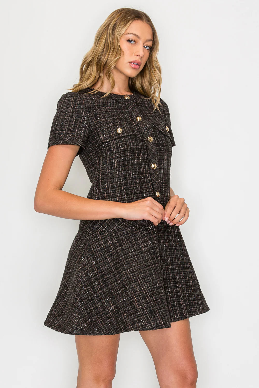 Ebony Tweed Short Sleeve Dress Meet Me in Santorini