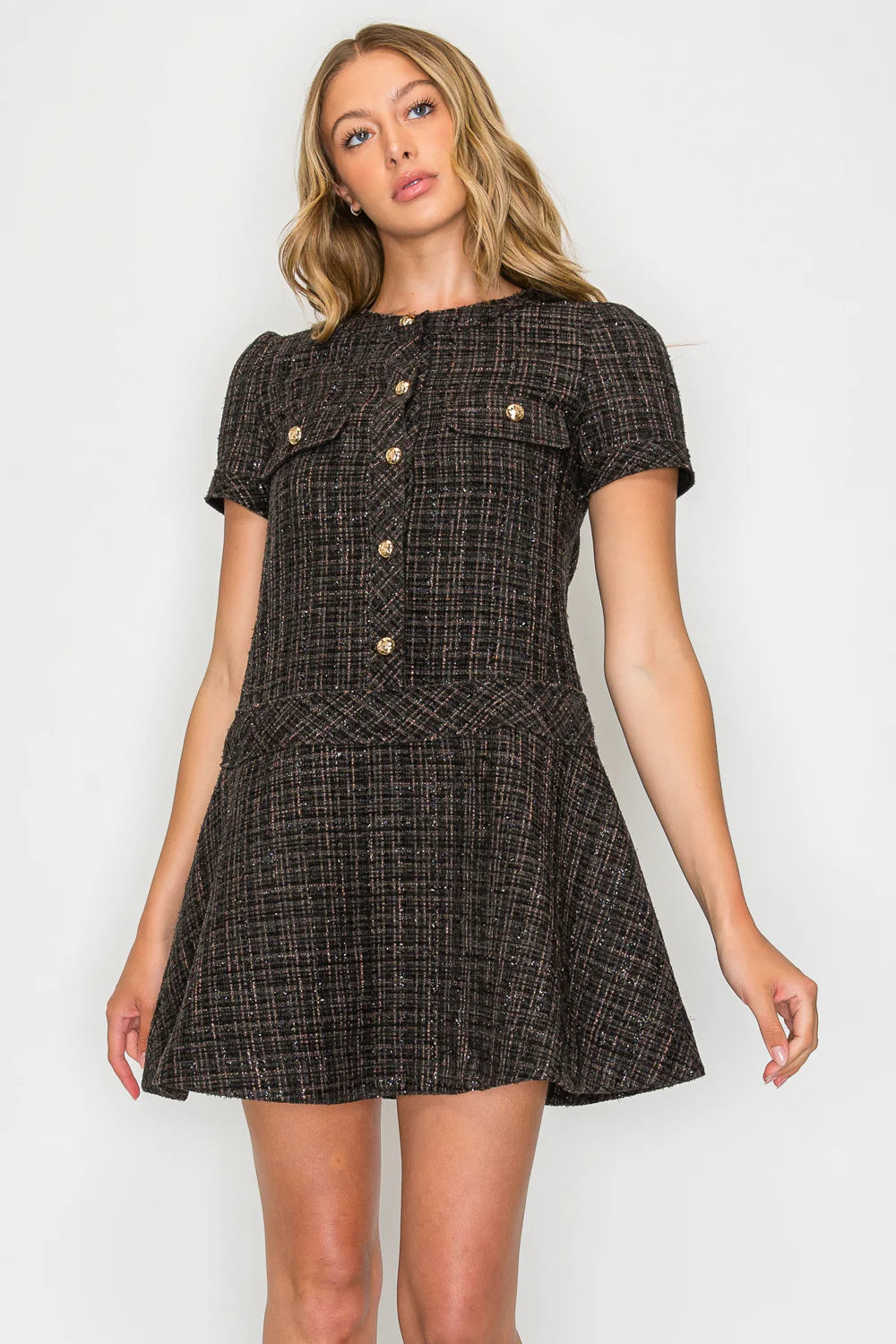 Ebony Tweed Short Sleeve Dress Meet Me in Santorini