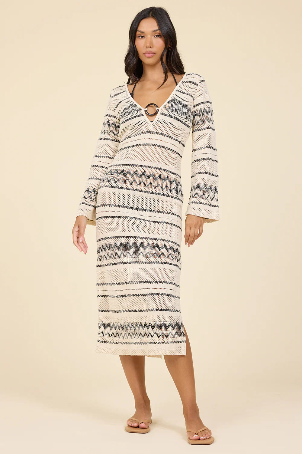 Plunge Woven Midi Dress Vintage Havana