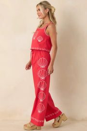 Seashell Embroidered Elastic Waistband Pants Fate