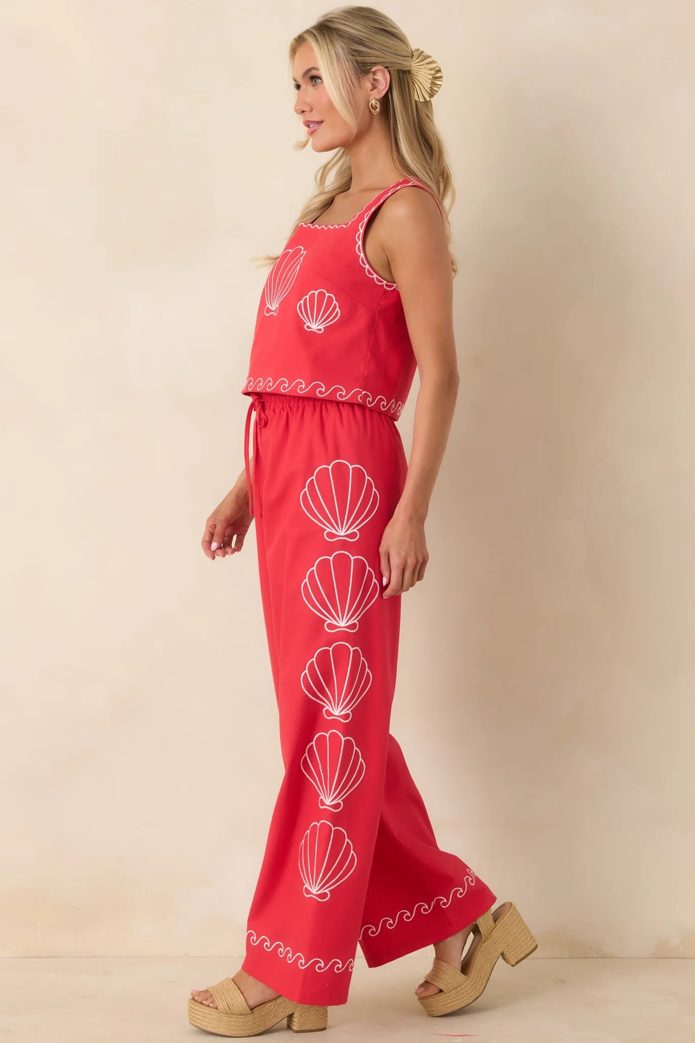 Seashell Embroidered Elastic Waistband Pants Fate