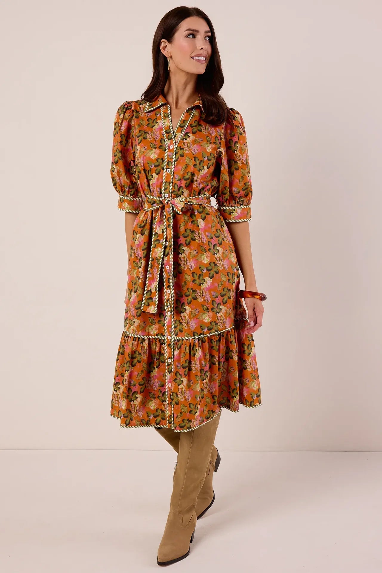 Katrina Puff Sleeve Print Midi Dress THML