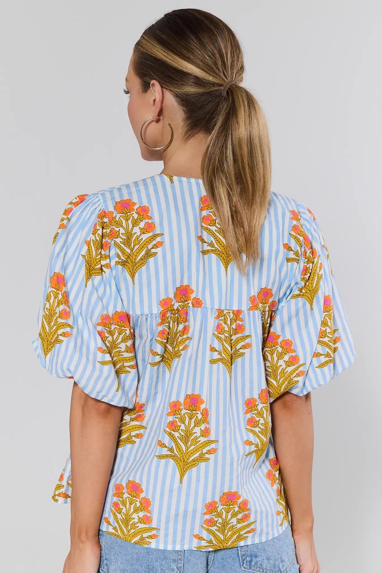 Blue Striped Floral Print Top THML