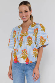 Blue Striped Floral Print Top THML