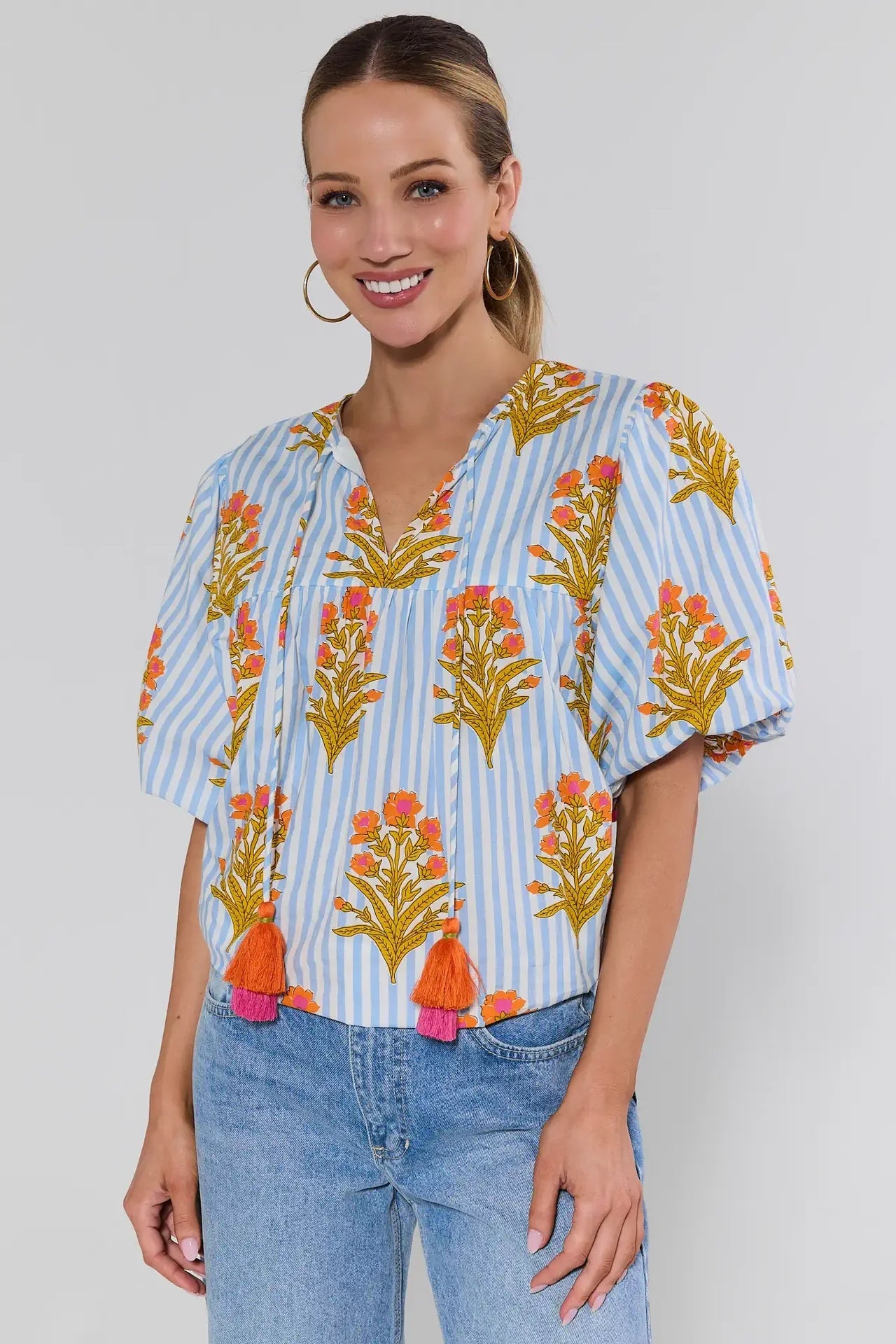 Blue Striped Floral Print Top THML