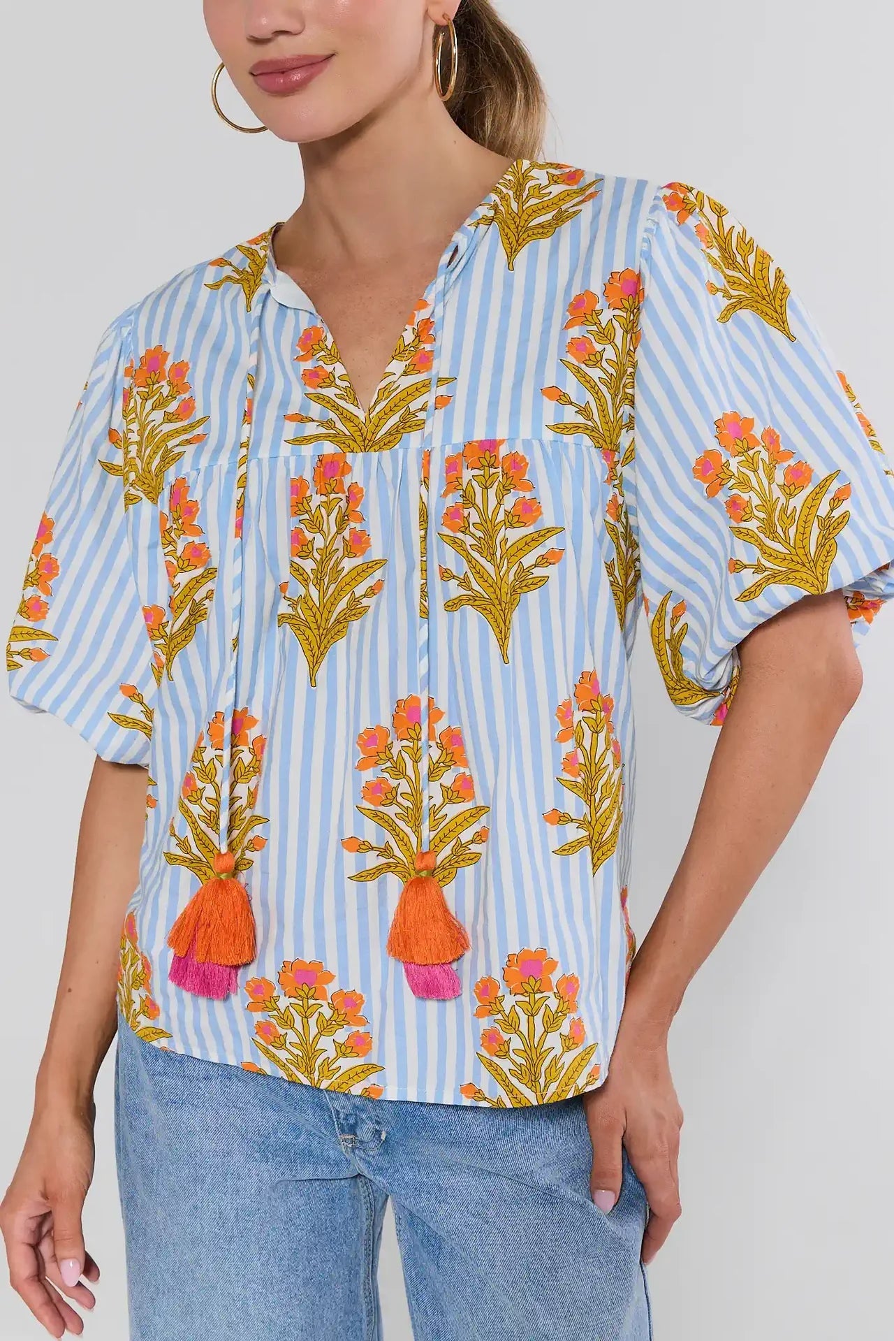 Blue Striped Floral Print Top THML