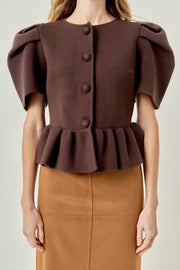 Puff Sleeve Peplum Knit Top English Factory