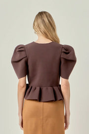 Puff Sleeve Peplum Knit Top English Factory