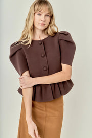 Puff Sleeve Peplum Knit Top English Factory