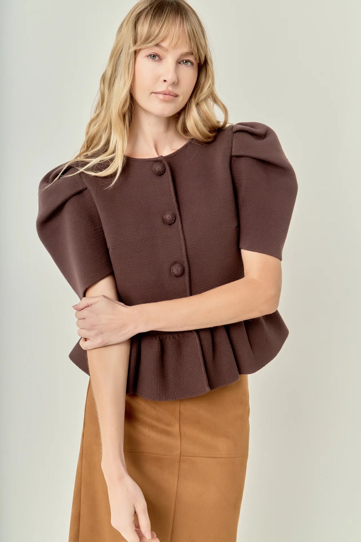 Puff Sleeve Peplum Knit Top English Factory