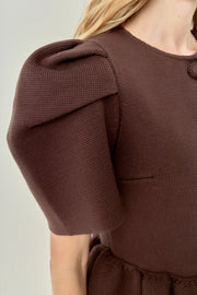 Puff Sleeve Peplum Knit Top English Factory