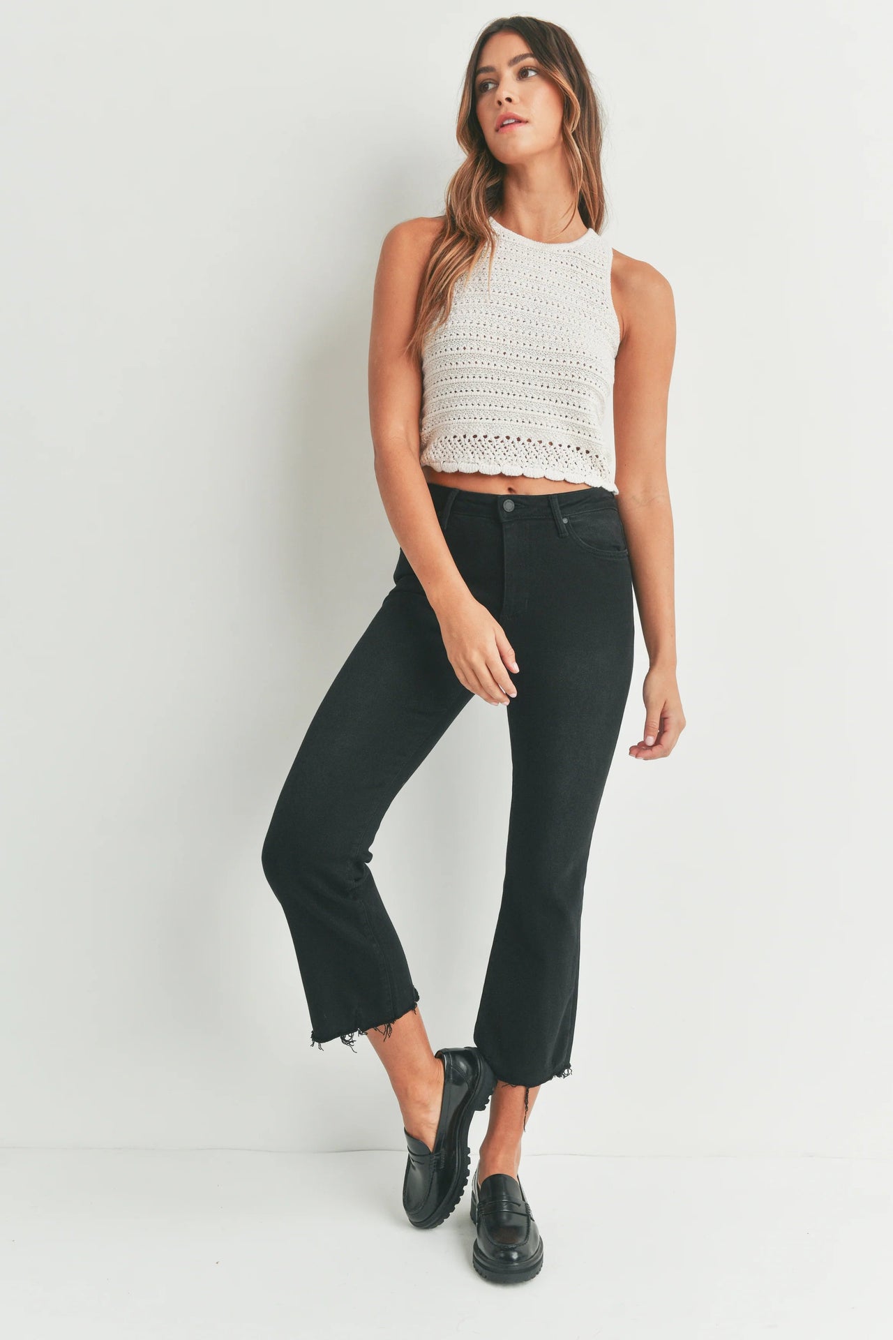 The Frayed Crop Flare Jeans Just Black Denim