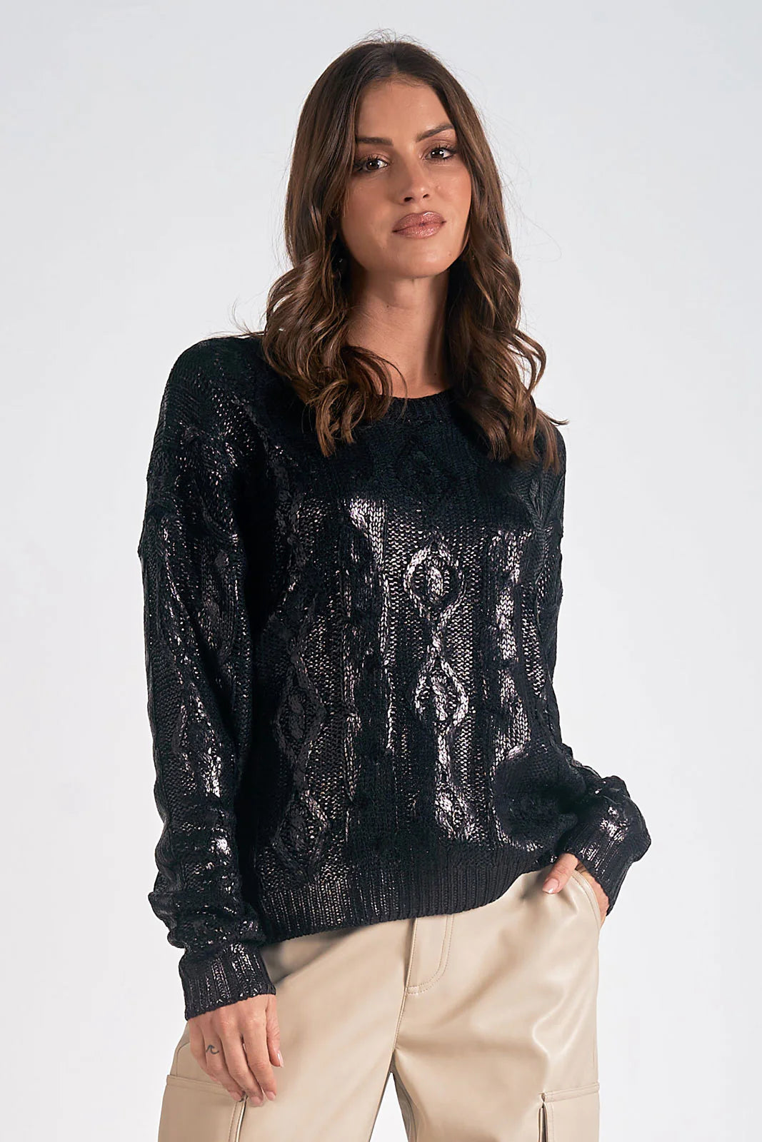 Metallic Cableknit Crew Neck Sweater