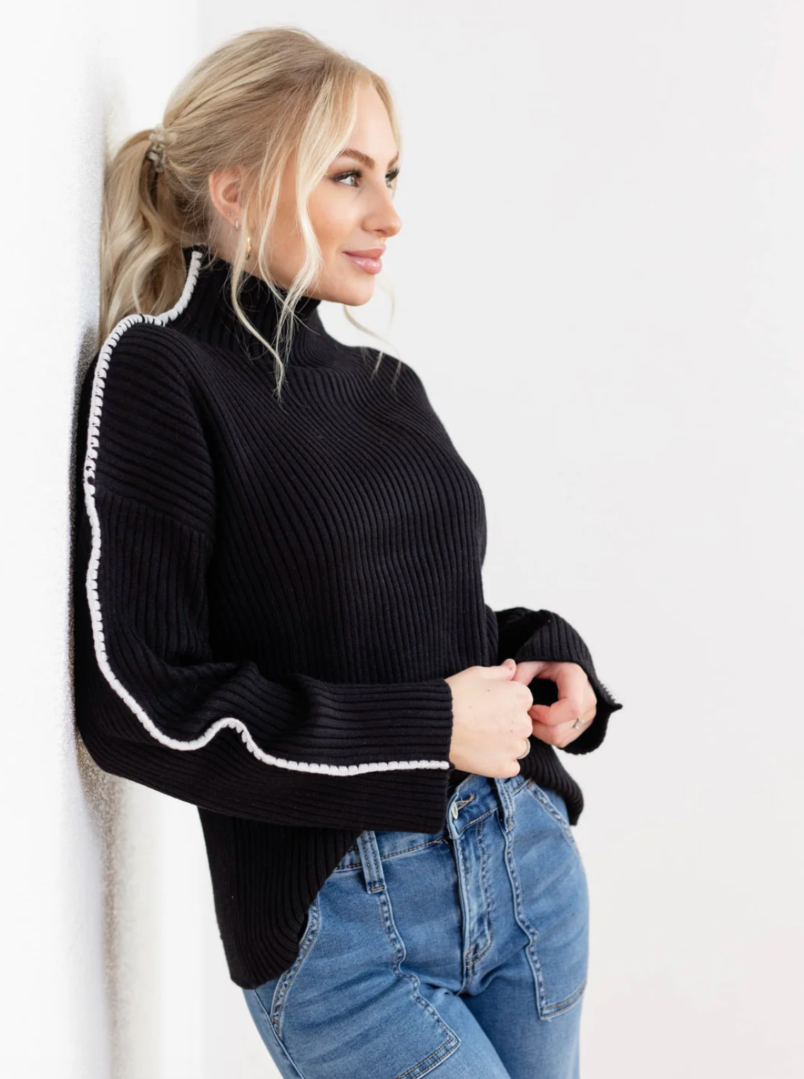 Contrast Stitch Mock Neck Sweater