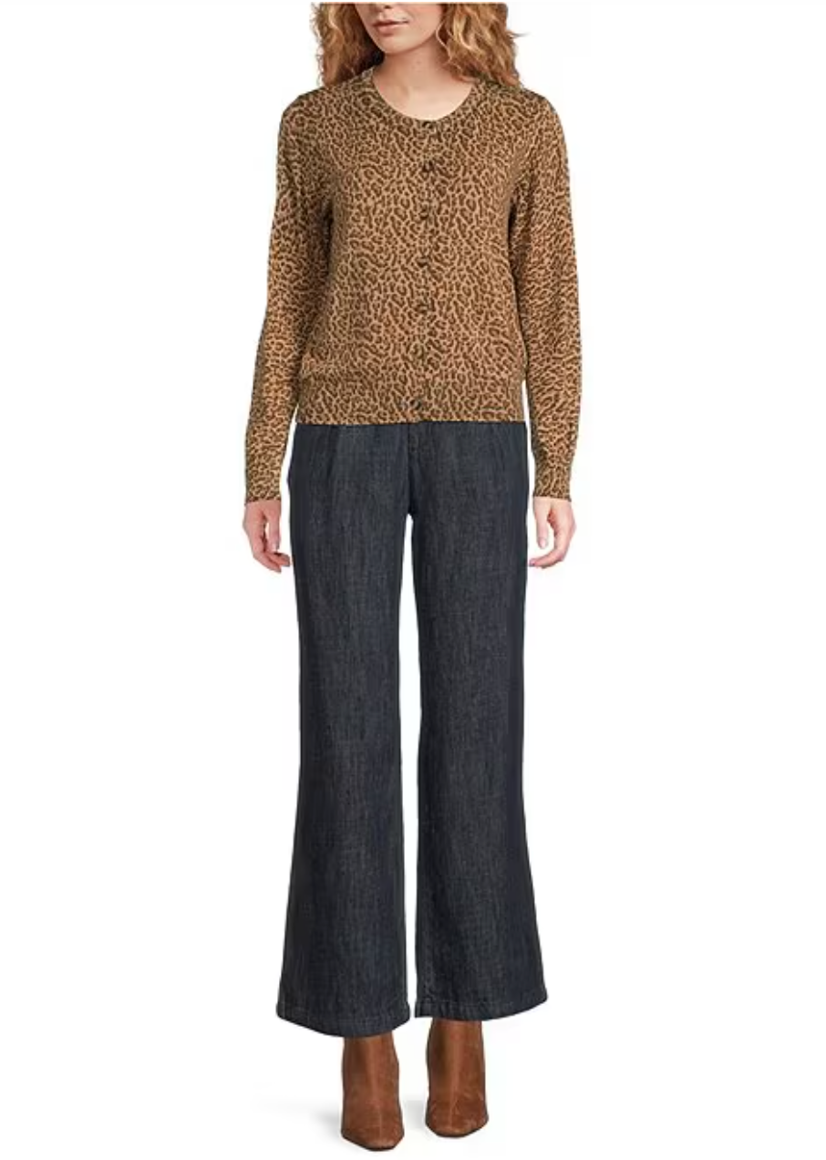 Leopard Print Crew Neck Long Sleeve Button Front Cardigan Current Air