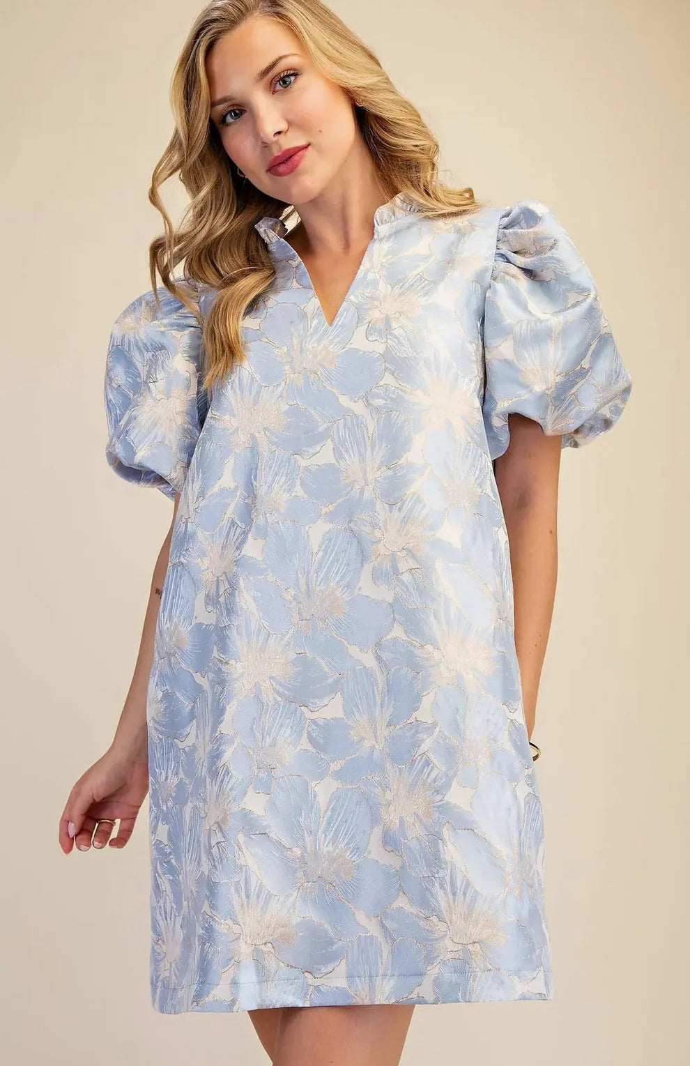 Ruffle V-Neck Puff Sleeve Mini Dress Glam