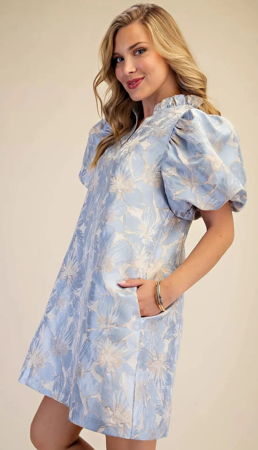 Ruffle V-Neck Puff Sleeve Mini Dress Glam