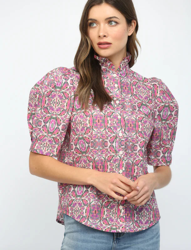 Puff Short Sleeve Ruffle Neck Button Down Top Fate