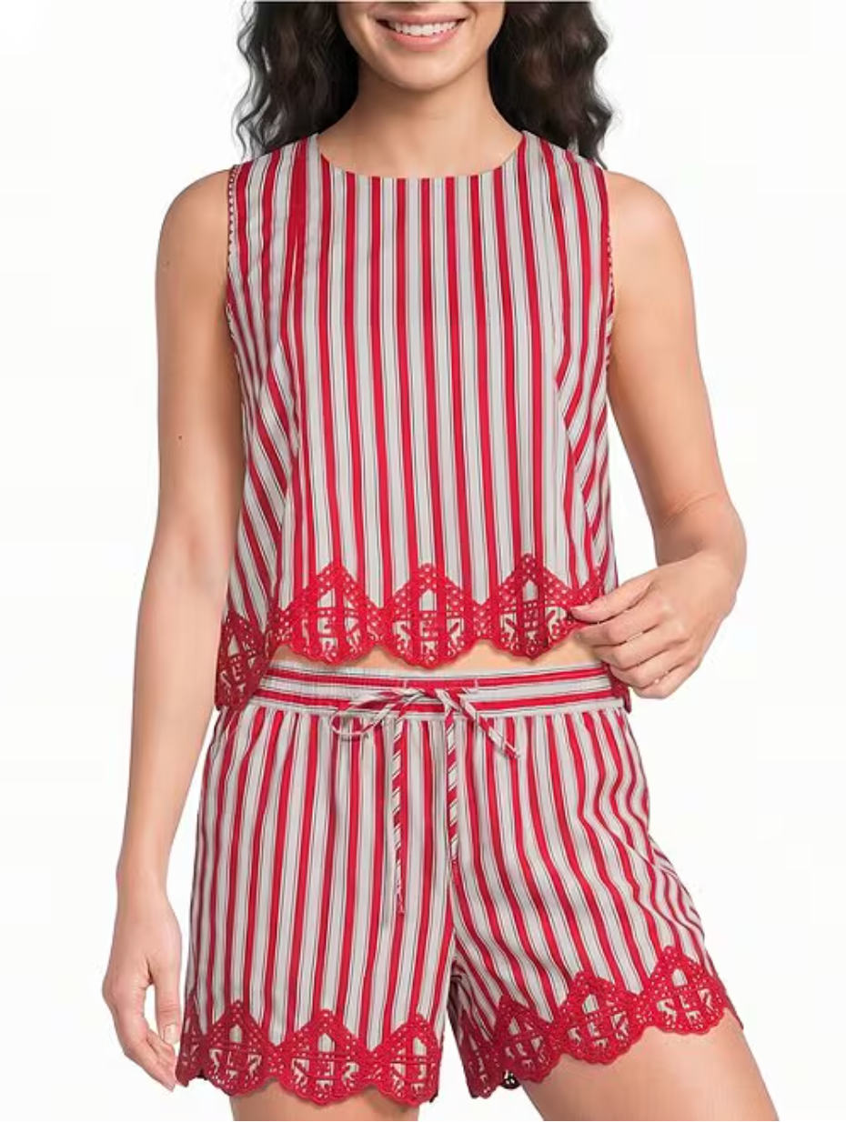 Striped Print Embroidered Scalloped Hem Shorts Skies are Blue